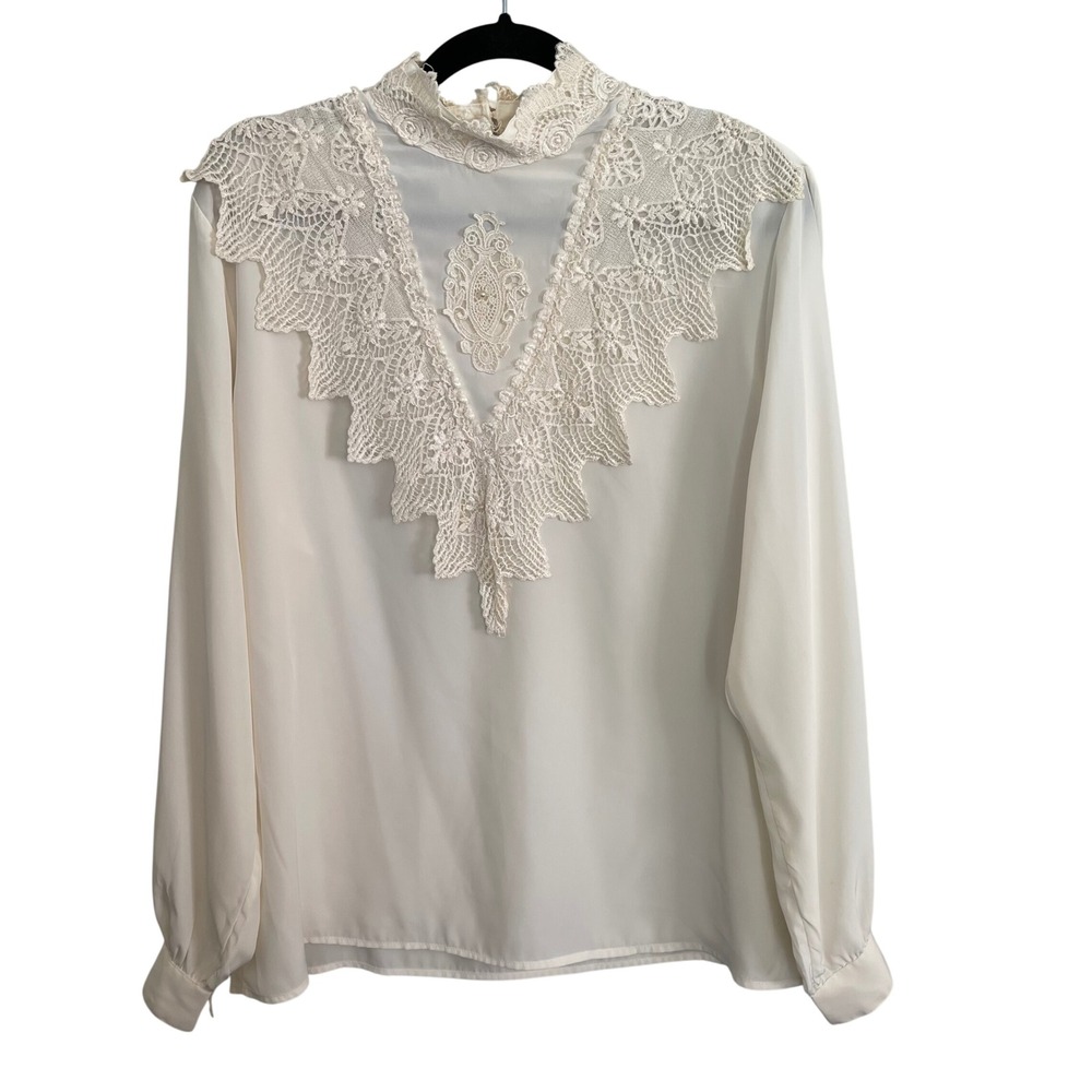 Eva Laurel New York Vintage Lace Mock Neck Blouse Cream Ivory Size 12 USA Made